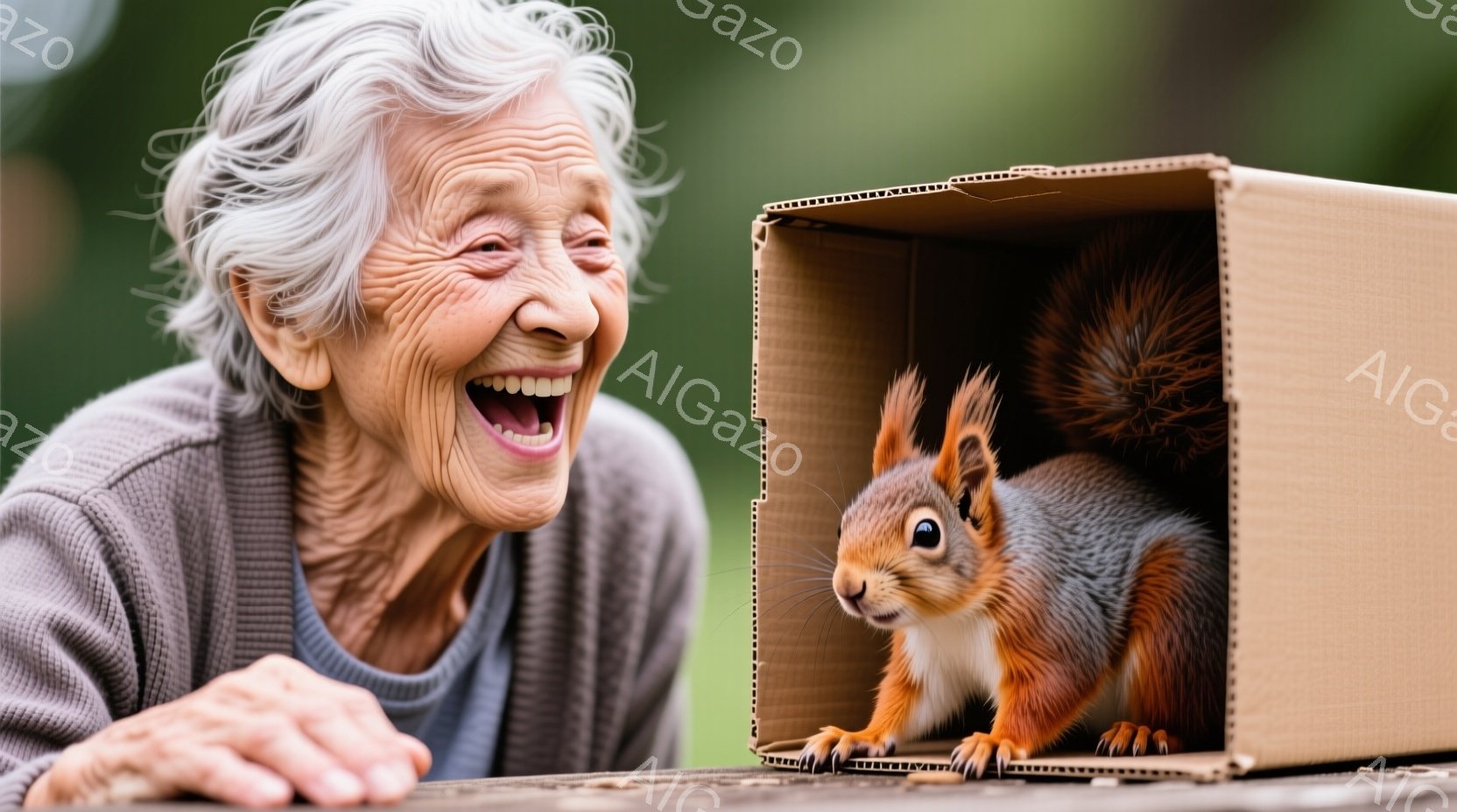 白髪の老婦人は、グレーのセーターを着て、満面の笑みを浮かべている。彼女の顔には深い皺が刻まれており、喜びと驚きが入り混じった表情をしている。背景には箱があり、その中に赤褐色のリスが顔を覗かせ、老婦人を見つめている様子が捉えられている。