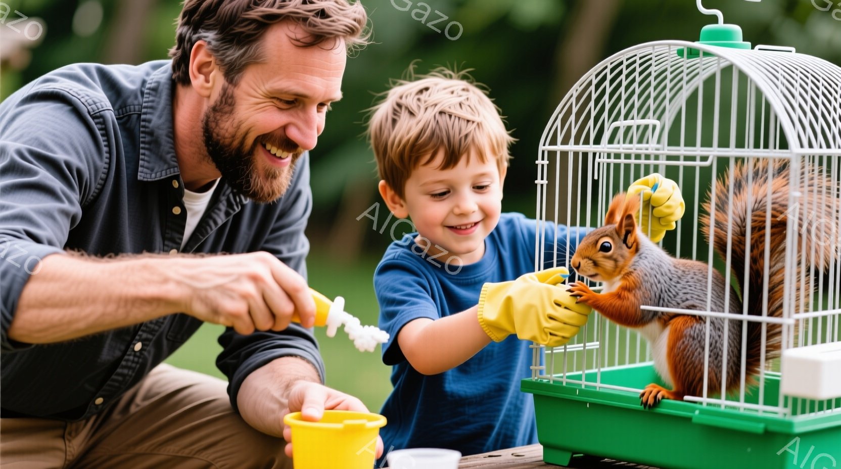 濃い茶色の髪と髭を生やした男性と、金髪の幼い少年が、鳥かごの前に立っている。少年は黄色いゴム手袋をはめ、鳥かごの中にいるリスに何かを与えようとしている。背景には緑豊かな自然が広がり、晴天の下、温かい雰 - AI生成フリー素材