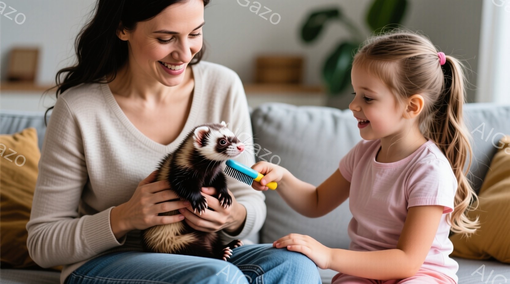 母親と幼い女の子がソファに座り、フェレットをブラシでとかしています。母親はジーンズとグレーのセーターを着ており、微笑んでいます。女の子はピンク色のTシャツを着て髪をポニーテールにしており、フェレットを見ながら楽しそうに笑っています。