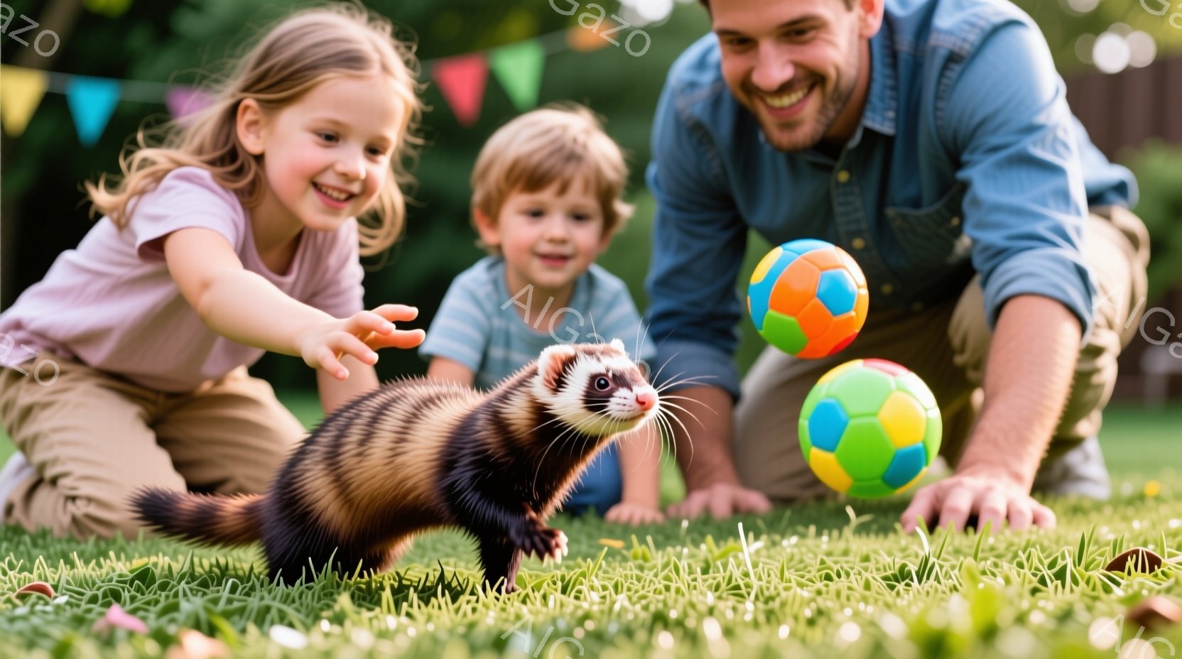 緑の芝生の上で、一人のフェレットが注目を集めています。若い女の子と男の子は笑顔でフェレットに手を伸ばし、興奮している様子です。背景には緑豊かな植物があり、フェレットの周りにはカラフルなボールが散らばっ - AI生成フリー素材