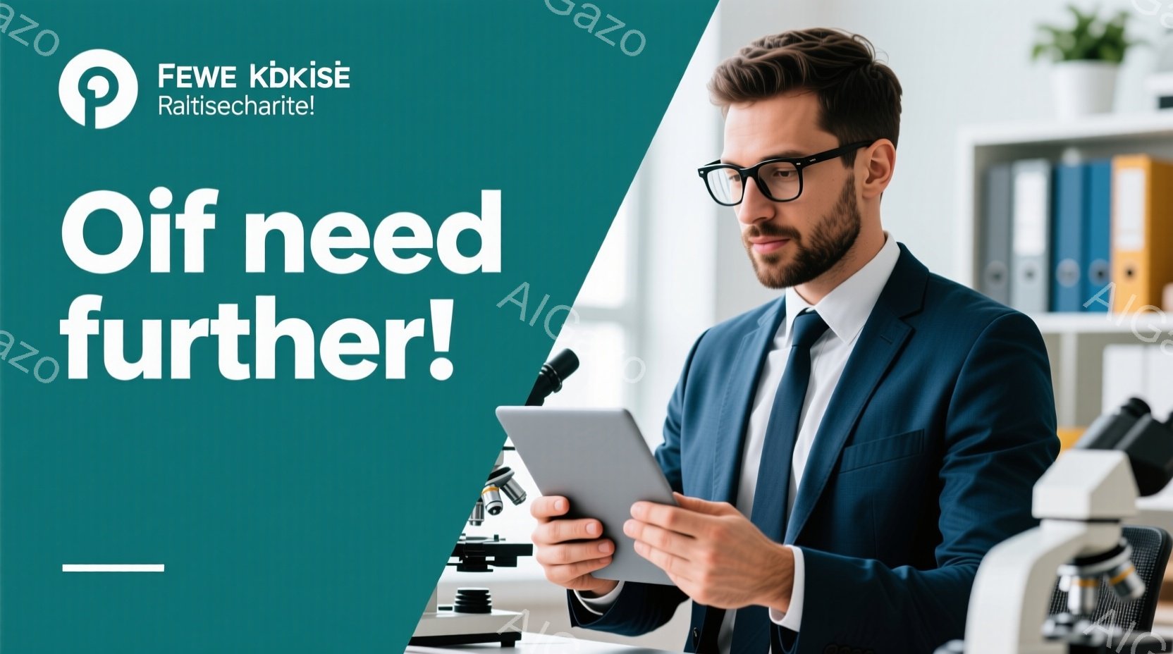 科学者のように見える男性が、タブレットを手に研究室で立っている。彼は紺色のスーツ、白いシャツ、ネクタイを着用し、眼鏡をかけている。背景には顕微鏡、本棚、植物があり、知的で専門的な雰囲気が漂っている。