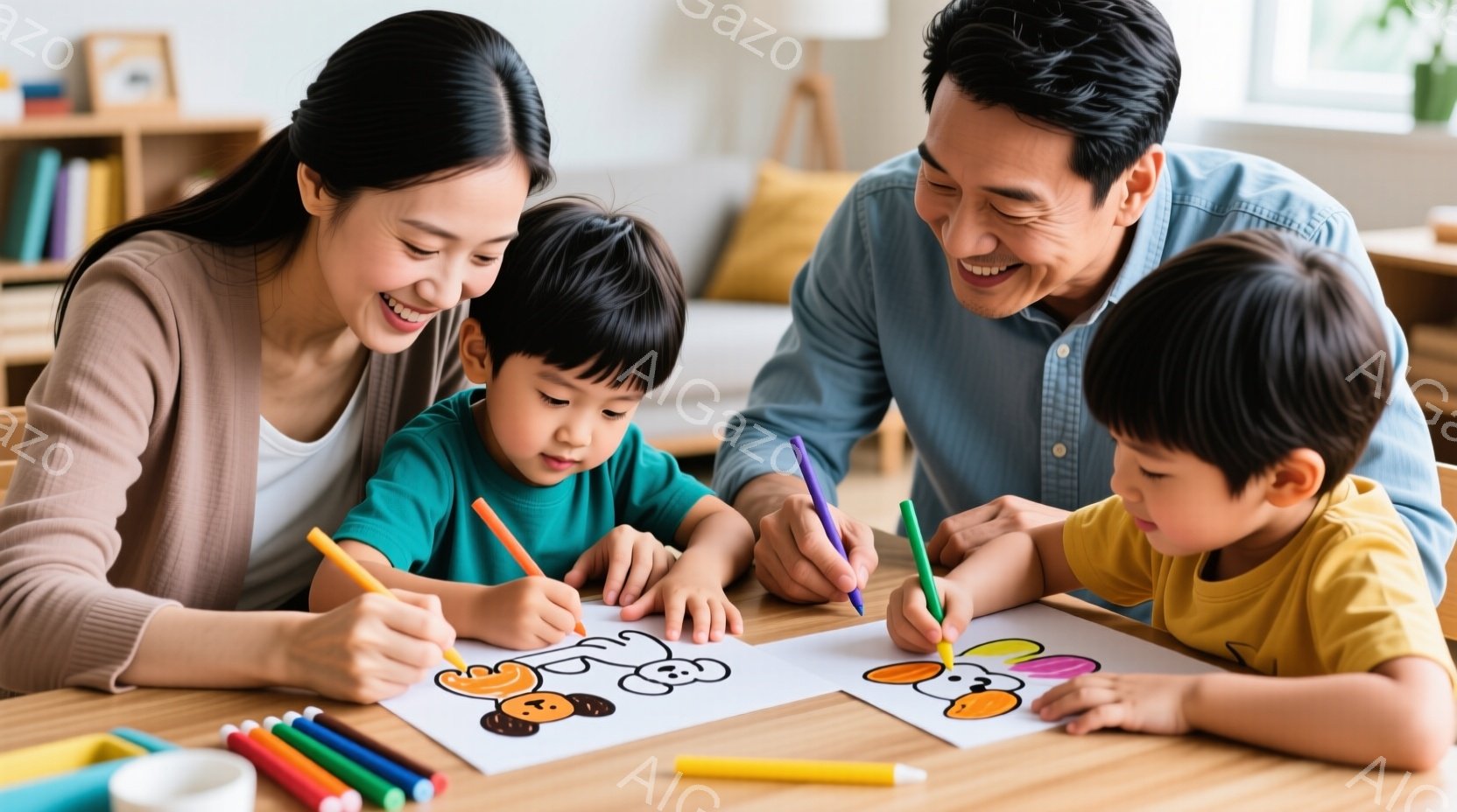 暖かい光が差し込む部屋で、母親と二人の幼い子供たちがテーブルを囲んでお絵かきを楽しんでいます。母親はベージュ色のセーターを着て微笑み、片方の子供にオレンジ色のクレヨンを手渡しています。二人の子供はそれぞれ黄色とターコイズ色の服を着て、集中して線画に色を塗っており、テーブルには様々な色のクレヨンが並んでいます。