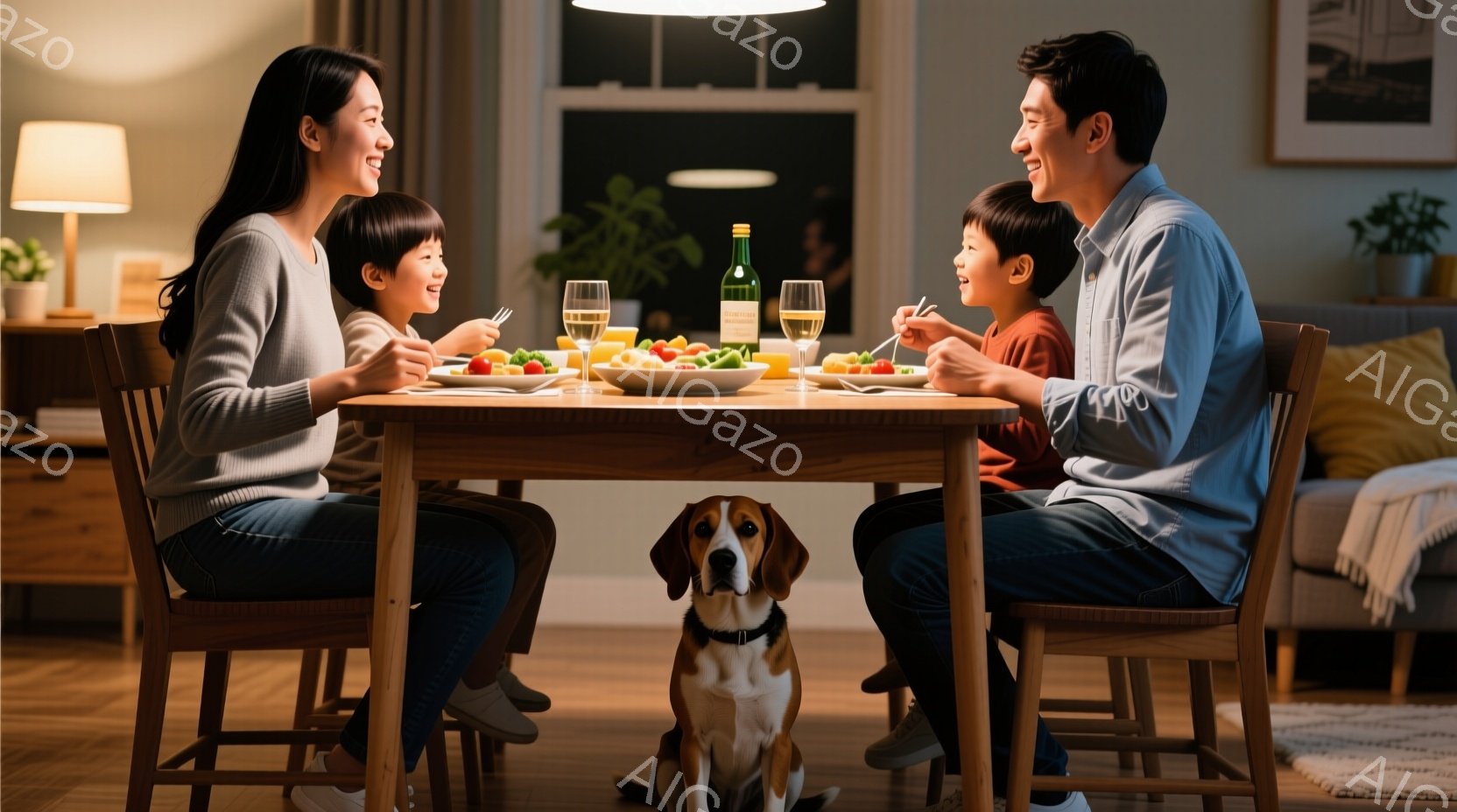 一つの家族がダイニングテーブルを囲んで食事をしている様子が描かれている。母親はセーターを着て、髪を後ろにまとめている。二人の子供と父親はカジュアルな服装で、皆笑顔で食事を楽しんでいる。 - AI生成フリー素材