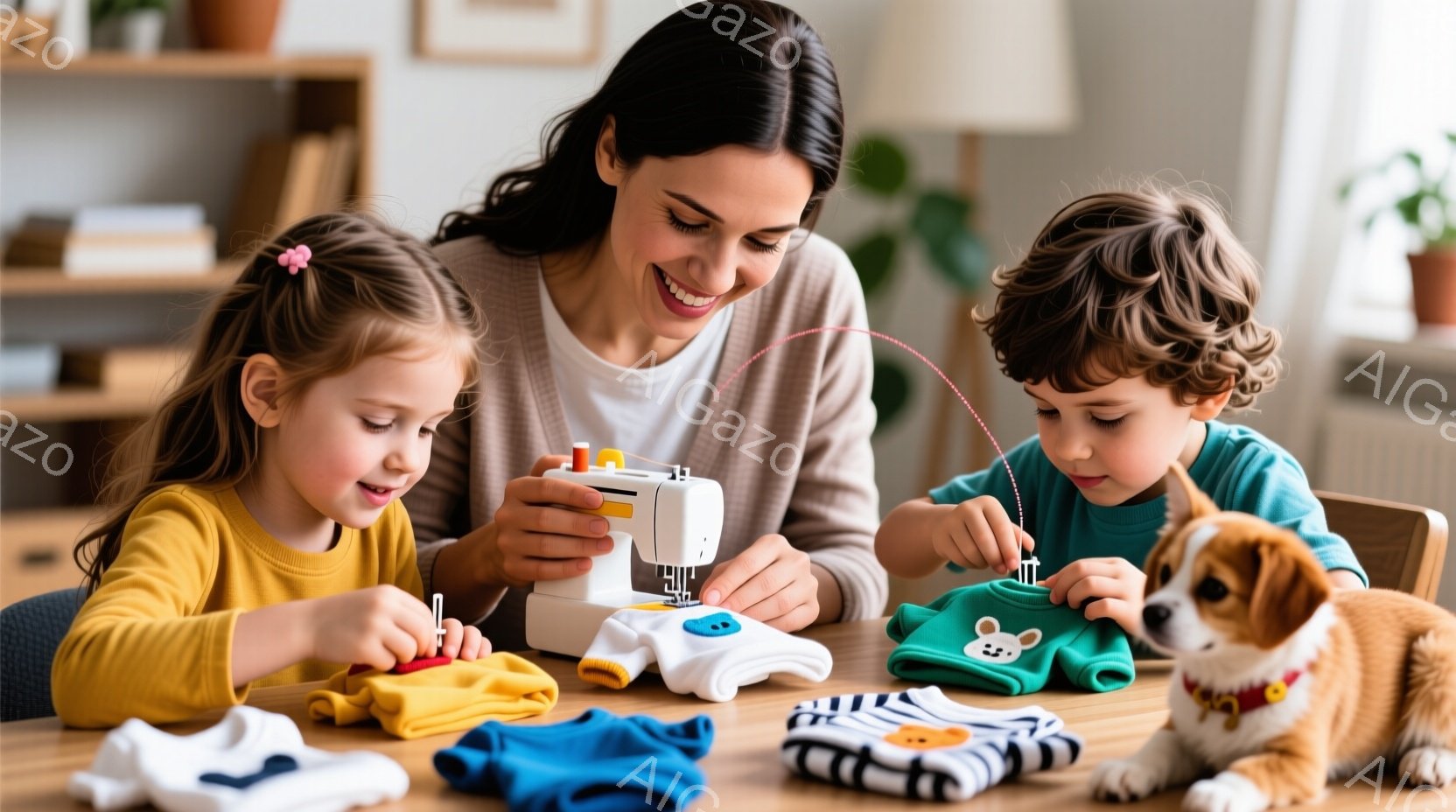 長い髪を後ろでまとめた女性が、白いミシンを使って洋服を作っています。彼女の周りには、黄色いシャツを着た少女と青いシャツを着た少年がおり、それぞれ小さな洋服を縫製しています。背景には棚と植物があり、小さな犬が少年の横に座り、温かく、家庭的な雰囲気が漂っています。