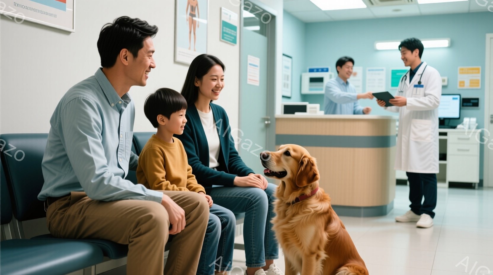 少年と少女と、彼らの両親が病院の待合室の椅子に座っており、ゴールデンレトリバーが彼らの方を見て座っています。少年はオレンジ色のセーターを着ており、少女はジーンズに青いシャツを着ています。背景には受付があり、白衣を着た医師が立っており、病院の待合室の清潔で明るい雰囲気が伝わってきます。