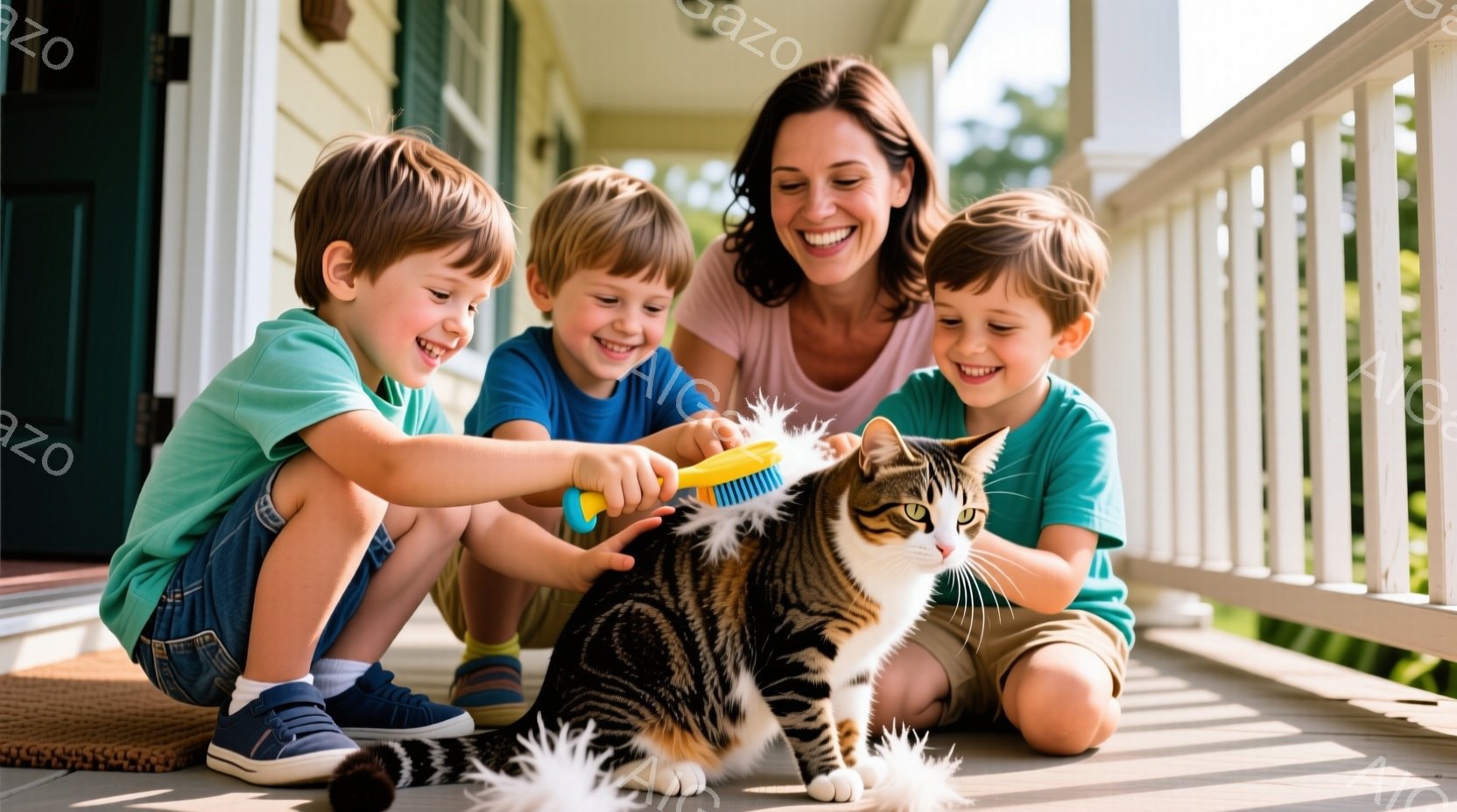 庭のベランダで、母親と二人の少年が大きな縞模様の猫の毛をブラッシングしている様子が写っている。母親は笑顔で、ショートヘアで、ブルーのシャツを着ている。少年たちは、それぞれターコイズ色のシャツとデニムシ - AI生成フリー素材