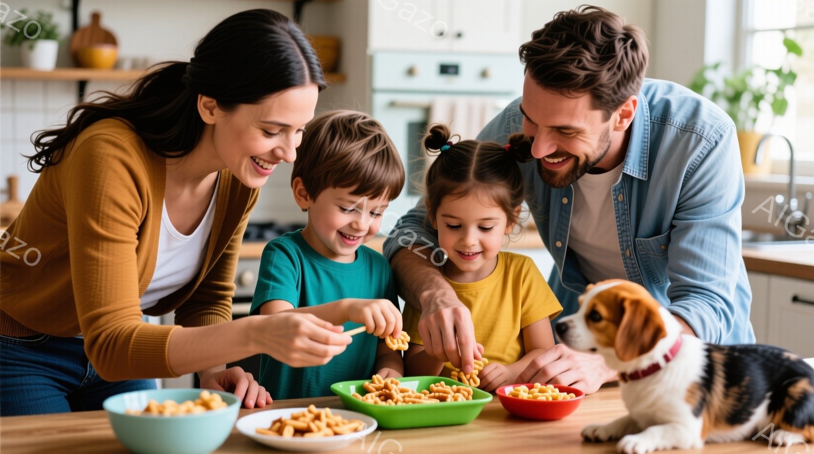 鮮やかなキッチンで、母親、息子、娘の3人がおやつを犬に与えています。母親は肩まで届く茶髪で、白いTシャツにオレンジ色のカーディガンを着ています。息子は緑色のTシャツを着ており、娘は黄色いTシャツを着て - AI生成フリー素材