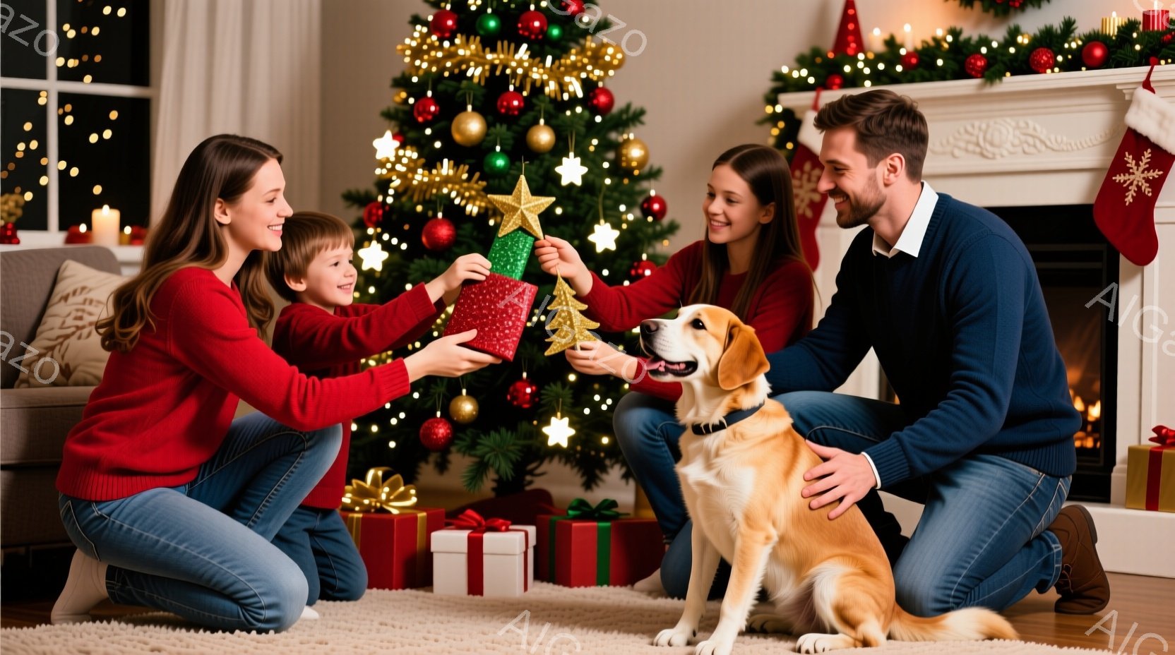 クリスマスツリーの周りに家族が集まり、プレゼントを飾り付けている様子が描かれています。母親は赤いセーターを着て、息子に金色の星形のオーナメントを手渡しており、父親と娘は笑顔でそれを見守っています。背景 - AI生成フリー素材