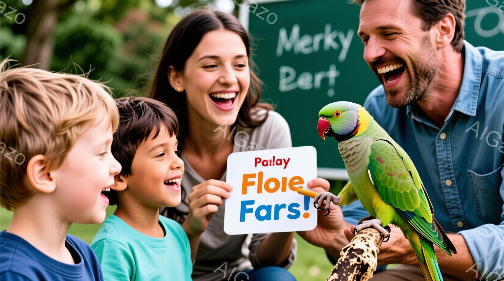 笑顔の家族がオウムと触れ合っている写真です。母親は赤色のトップスを着ており、息子は青色のシャツを着ています。父親はデニムシャツを着ており、オウムを腕に乗せています。背景には緑豊かな自然と黒板があり、明るい日差しが差し込んでいます。