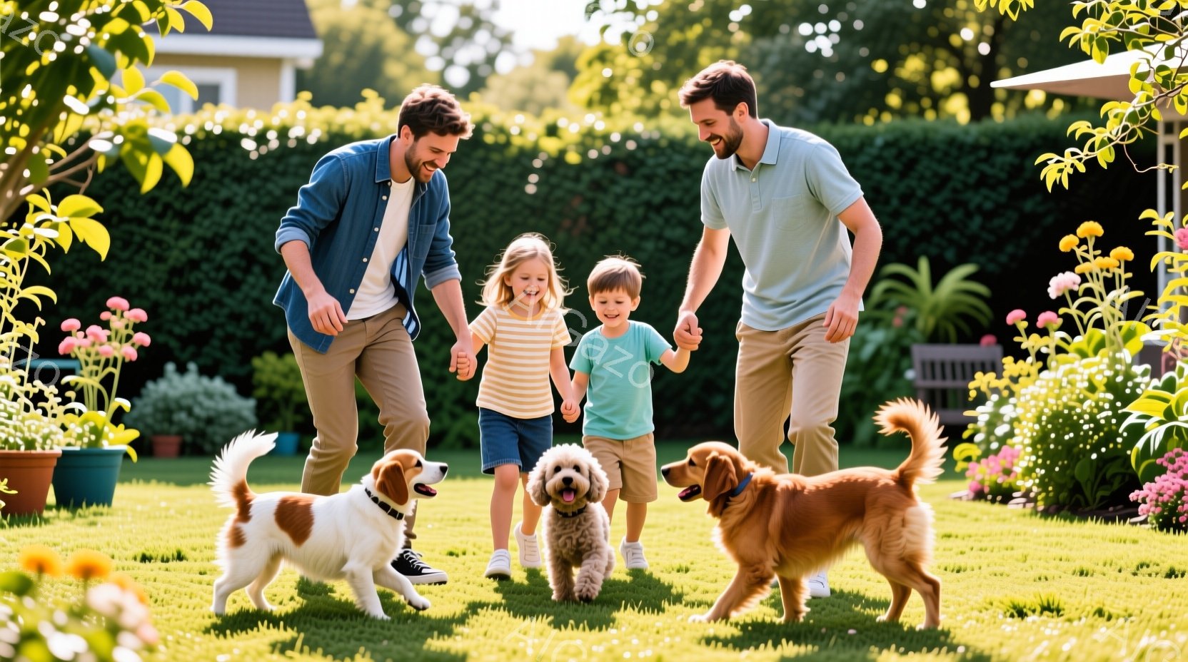 青々とした芝生の上を、父親と2人の子供が手をつないで歩いている。父親はデニムシャツにチノパン姿で、子供たちは鮮やかな色のショートパンツを着ている。背景には、花壇や緑豊かな木々が見え、晴天の下、温かく幸 - AI生成フリー素材