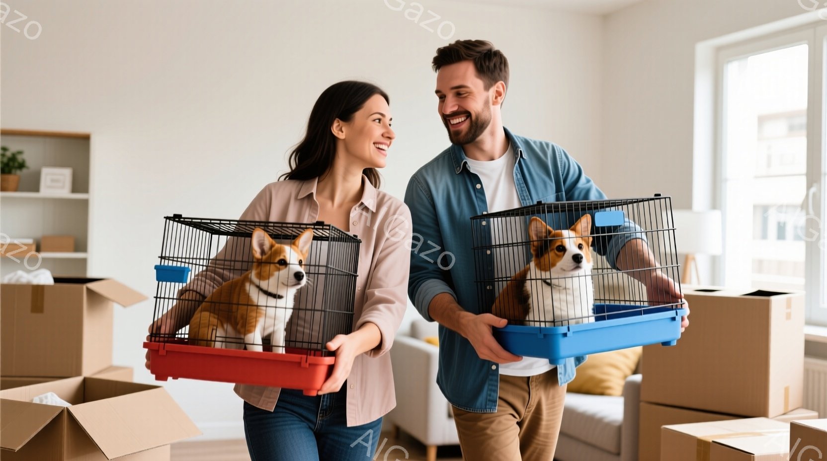 若い女性と男性が、それぞれケージに入ったコーギー犬を抱えて室内を歩いている。女性はシャツにジーンズ姿で、髪は肩まで伸びており、笑顔で前を見ている。背景には段ボール箱やソファが見え、新居への引っ越しや移動の様子がうかがえ、全体的に明るく希望に満ちた雰囲気である。