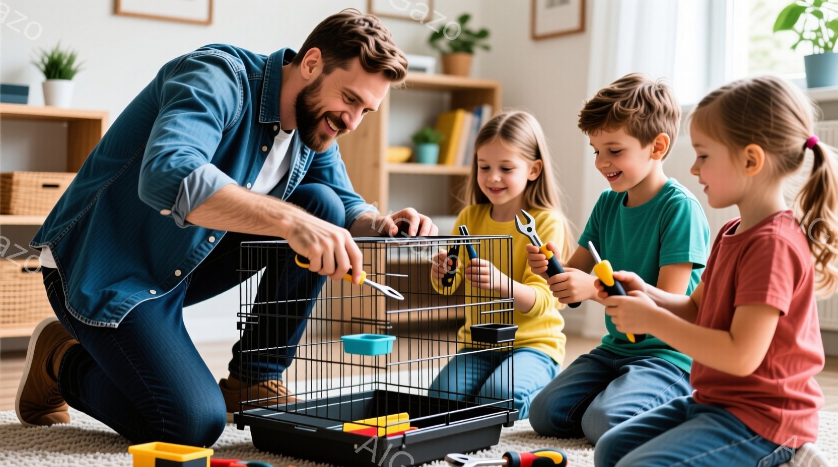 膝をついてケージを組み立てている男性と、その周りに座って手伝っている二人の子供が写っています。男性はデニムシャツとジーンズを着用し、短髪で笑顔を浮かべています。子供たちはそれぞれ黄色と赤のトップスを着ており、笑顔で工具を使ってケージの組み立てを手伝っています。背景には、収納ボックスや植物が置かれた明るいリビングルームが見え、家庭的な温かい雰囲気が漂っています。