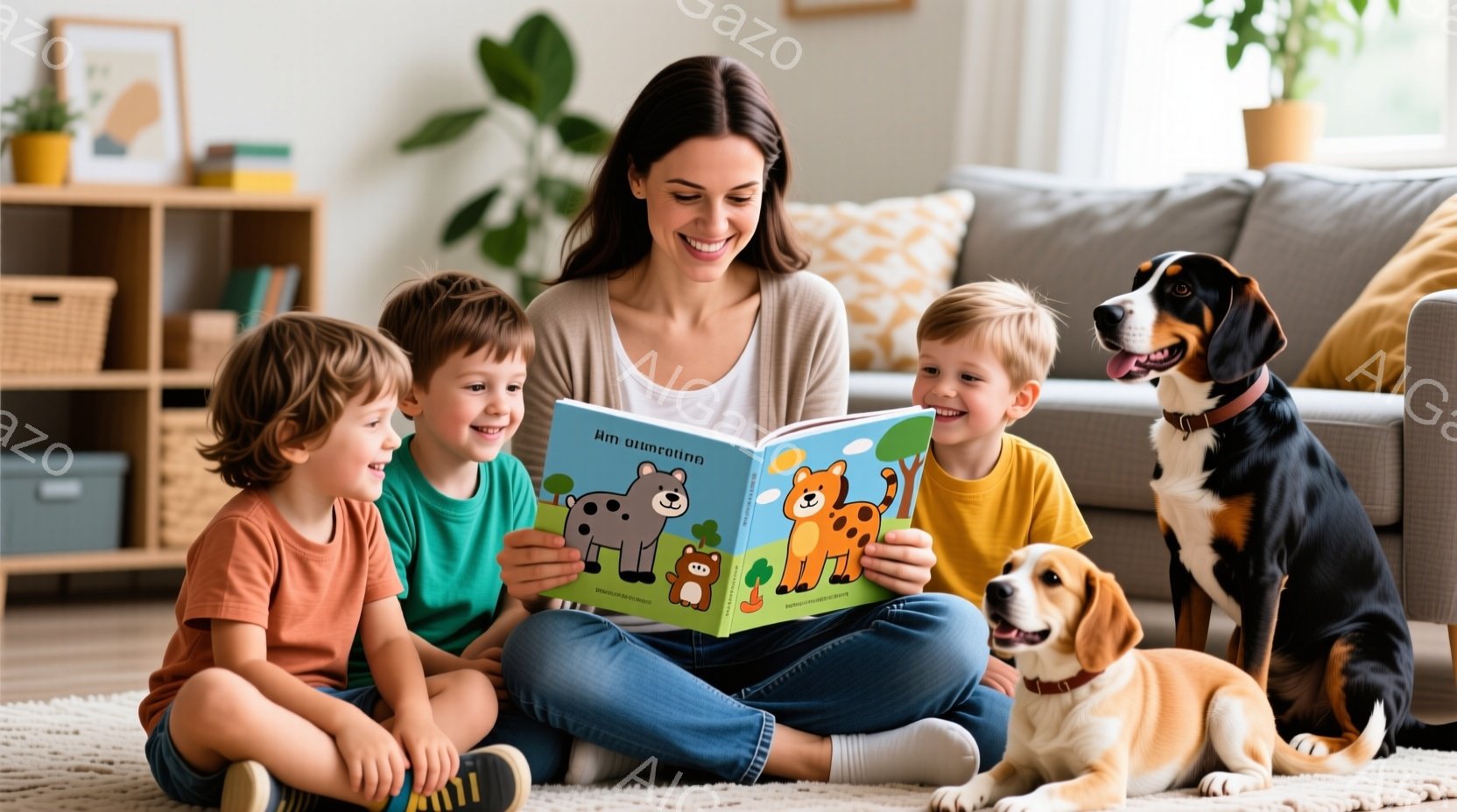 金髪の女性が床に座り、二人の幼い子供たちに絵本を読んであげています。子供たちは明るい色の服を着ており、絵本に興味津々で女性を見上げています。背景にはベージュのラグ、植物、そして二匹の犬がおり、暖かい家 - AI生成フリー素材