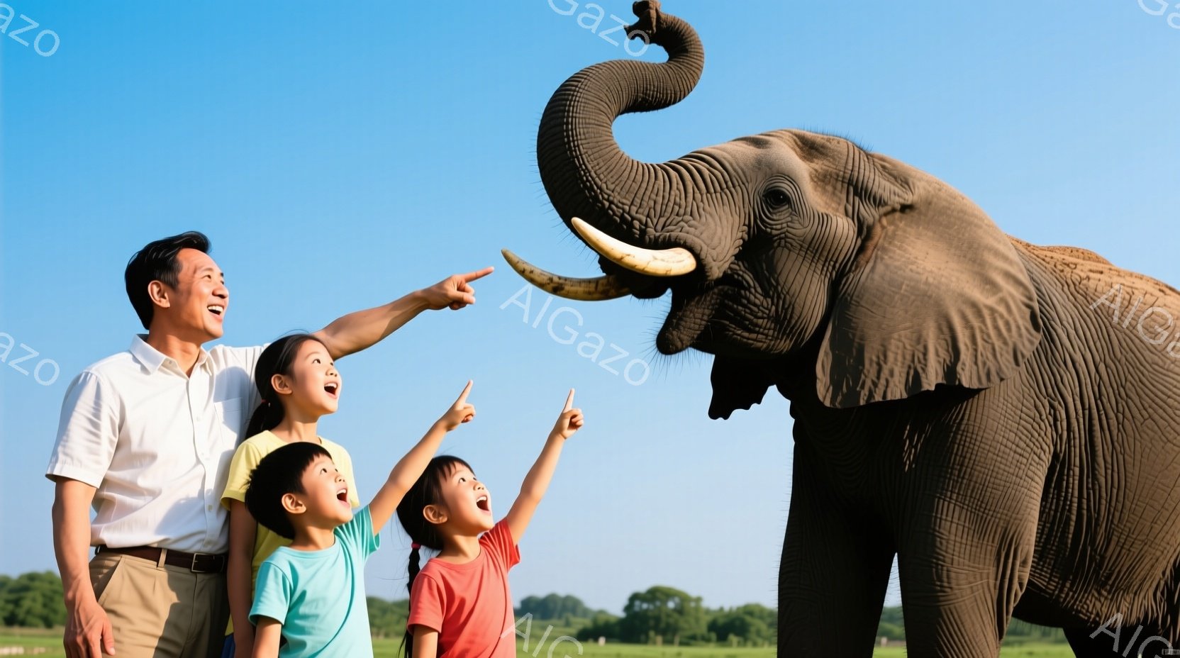 笑顔の父親と二人の子供たちが、鼻を高く上げた象を指差して驚いている様子が写っている。父親は白のシャツにベージュ色のズボン、子供たちはそれぞれターコイズブルーと赤いTシャツを着ており、皆、晴れた空の下、緑豊かな草原を背景に楽しんでいる。象は大きく、その巨体と長い鼻が印象的で、家族との触れ合いが平和で幸せな雰囲気を醸し出している。