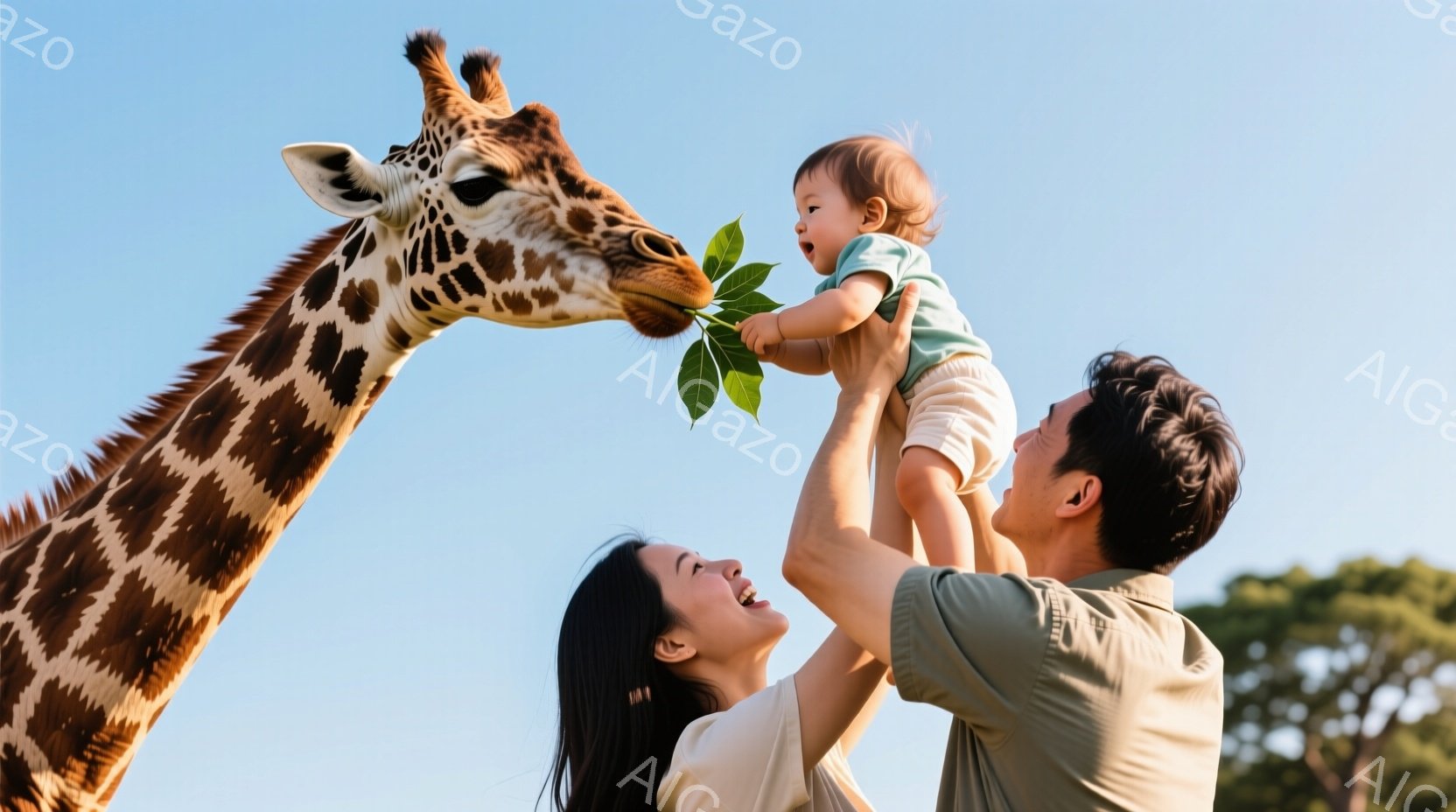 長い首のキリンが、幼い子供に向かって頭を下げ、葉っぱを差し出しています。母親と父親は、子供を抱き上げてキリンに近づけ、笑顔を見せています。背景は青空と緑の木々で、晴れた日の動物園かサファリパークのよう - AI生成フリー素材