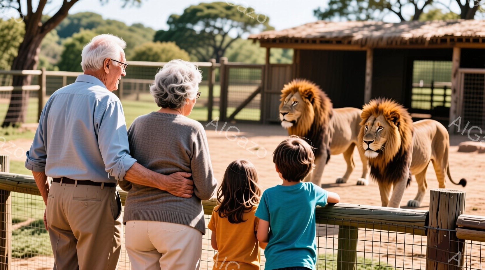 年配の夫婦と二人の子供が、柵越しにライオンを見ている場面です。おじいさんは薄いブルーのシャツにベージュ色のズボンを、おばあさんはグレーのセーターを着ています。背景には茶色の建物と緑豊かな木々が見え、晴天の下、動物園のような場所で家族がライオンの迫力に圧倒されている様子が伺えます。