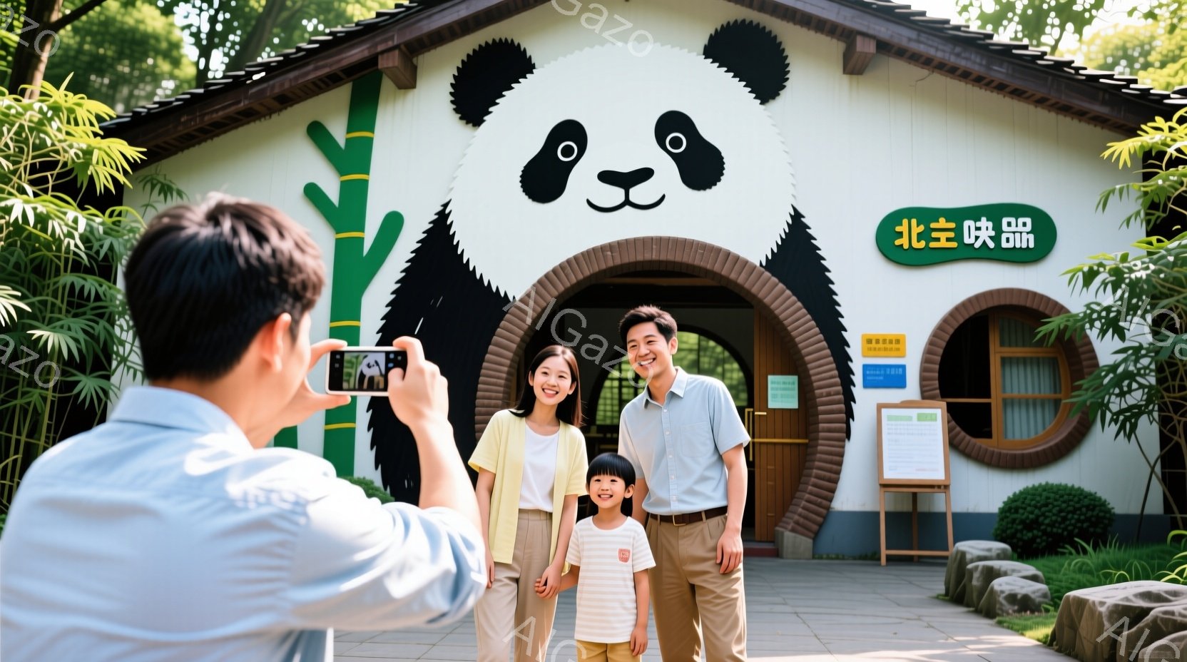 家族がパンダをテーマにした建物の前で記念撮影をしている様子が写っています。父親は青いシャツを着てスマートフォンで写真を撮っており、母親と娘はそれぞれ明るい色の服を着て笑顔でカメラを見ています。背景には竹林があり、建物は可愛らしいパンダの顔を模したデザインで、全体的に明るく、温かい雰囲気が漂っています。