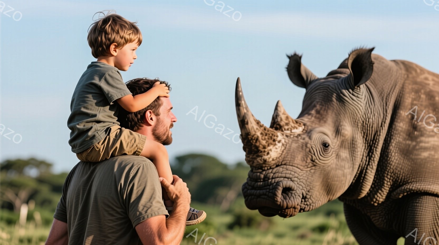 一人の父親が肩車をして、小さな男の子が野生のサイのすぐそばにいる様子が写っている。父親は濃い色のTシャツを着ており、男の子は短い茶色の髪で、緑色の服と靴を履いている。背景には緑豊かな草原が広がり、天候は晴れで、全体的に穏やかで感動的な雰囲気である。