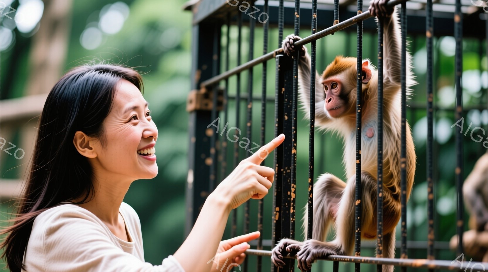長い黒髪を風になびかせ、ベージュのトップスを着た女性が、柵に掴まっている小さな猿に指をさして微笑んでいます。猿は茶色い毛並みで、女性の方を見て興味深そうにしています。背景は緑豊かな自然で、晴れた日の動物園か自然公園のような雰囲気です。