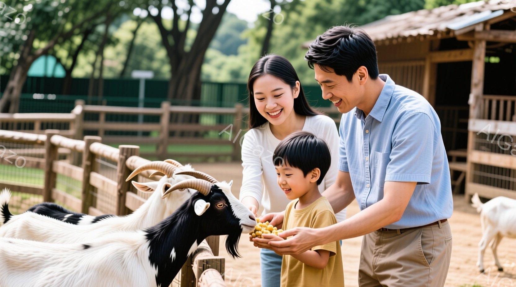 少年は柵のそばでヤギに餌を与えており、父親が優しく見守っています。母親は笑顔で二人の様子を見守り、家族全員が温かい雰囲気に包まれています。背景には木製の柵と、緑豊かな自然が見え、晴天の下、動物園や農場のような場所で撮影された写真のようです。