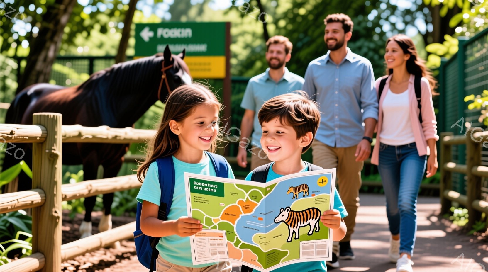 少年少女は動物園の地図を手に、明るい笑顔で歩いています。少女は肩にバックパックを背負い、髪は後ろで結ばれています。背景には緑豊かな植物とフェンス、そして家族が歩いており、晴れた日の穏やかな雰囲気が漂っています。