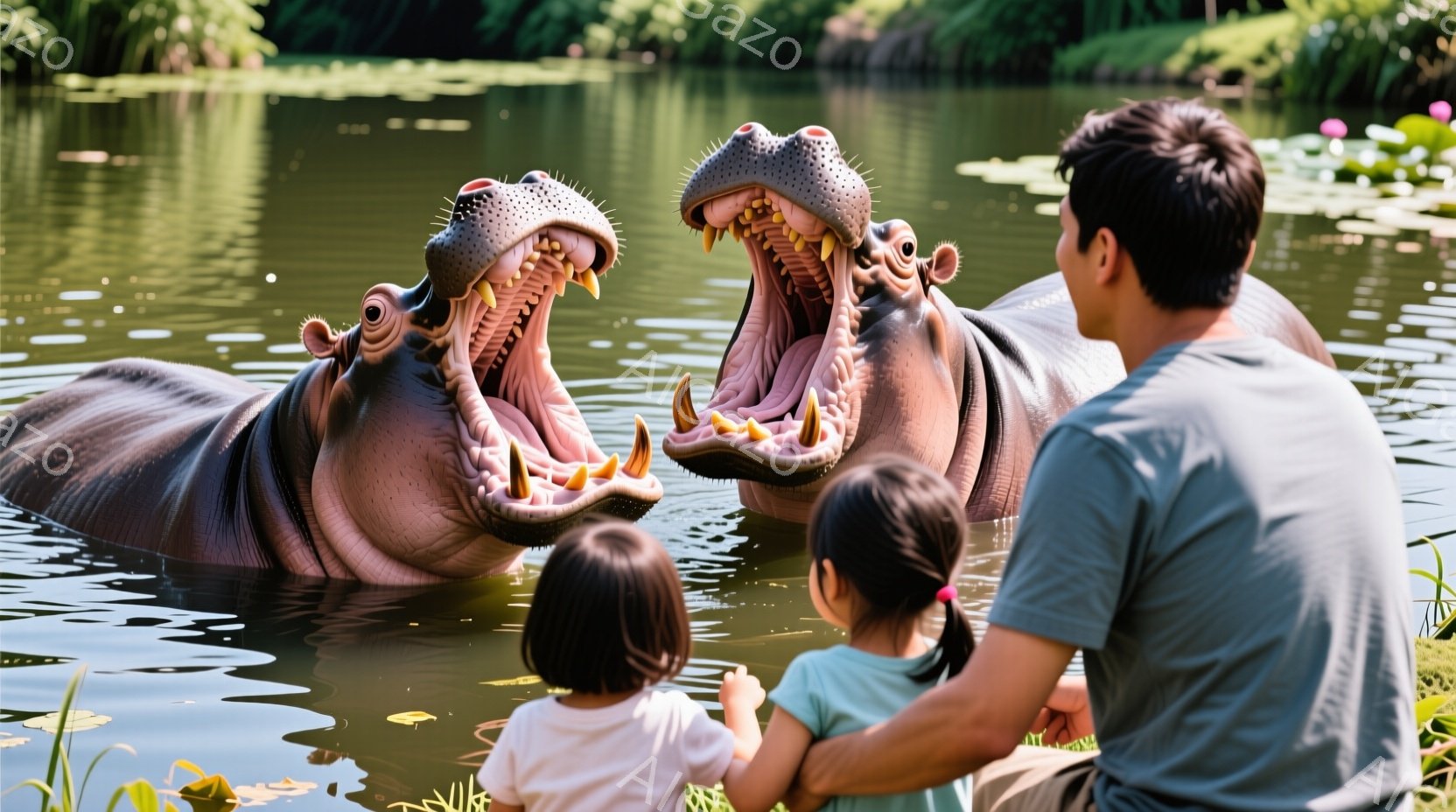 二匹の大きなカバが口を大きく開けて水中に浮かび、その迫力ある姿を見つめる幼い女の子二人が写っている。女の子たちはそれぞれ白と水色の服を着ており、父親らしき男性が彼女たちを後ろから見守っている。背景には緑豊かな植物が見え、水面は穏やかで、全体的に明るく平和な雰囲気が漂っている。