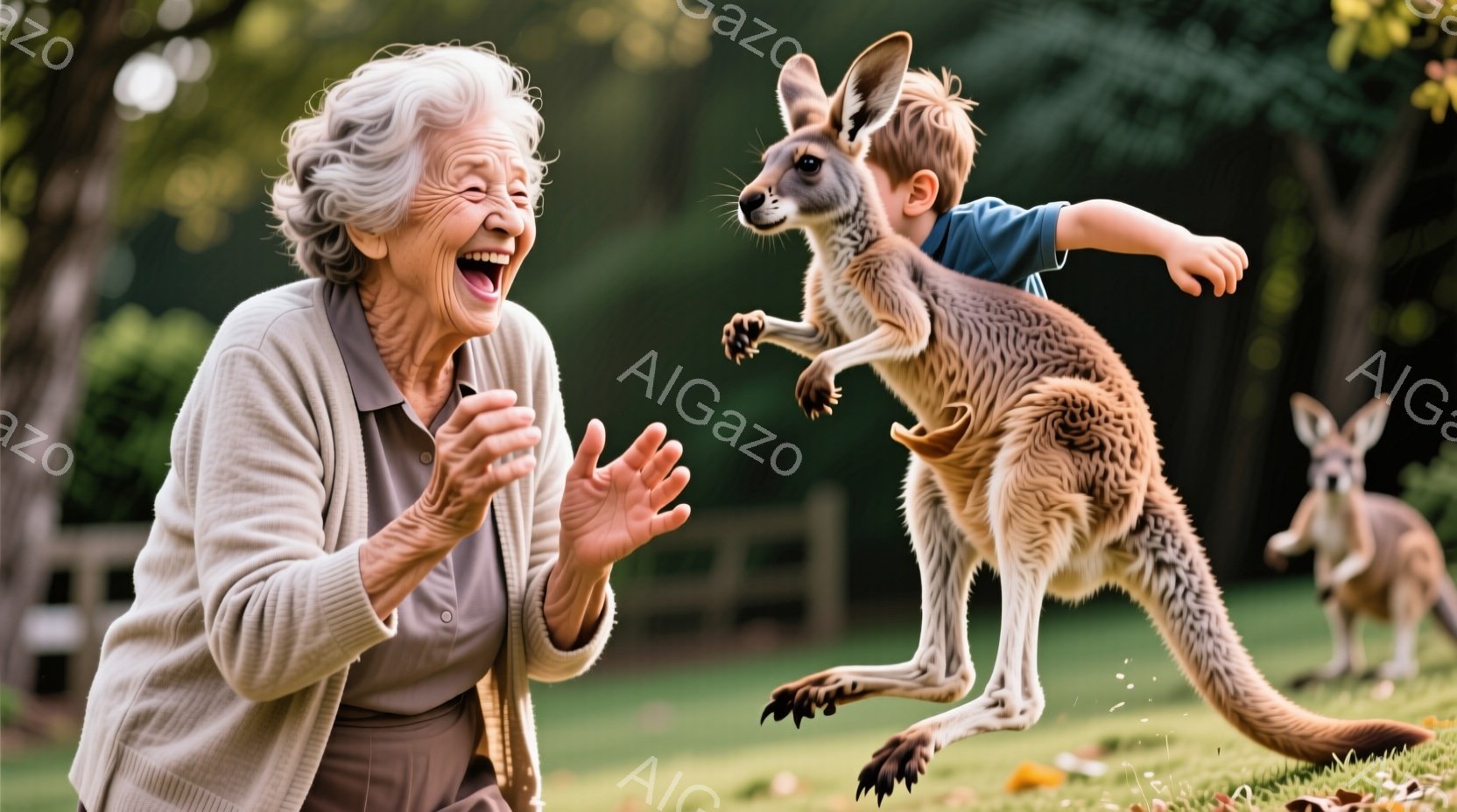 白髪の老婦人が、満面の笑みで両手を広げ、驚きと喜びを表しています。茶色のカーディガンを着ており、背景には緑豊かな芝生とユーカリの木々が広がり、空は晴天です。一匹のカンガルーが空中で跳ね、もう一匹は背景で静かに立っており、全体的に明るく活気のある雰囲気が漂っています。