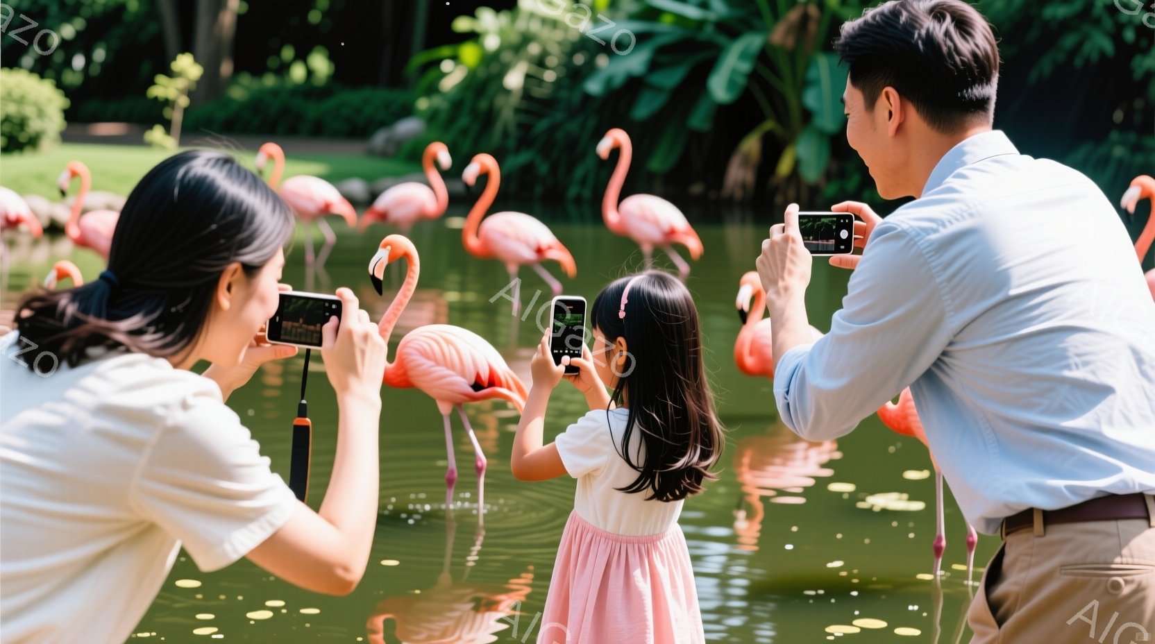 浅い池のほとりで、母親と父親、そして幼い娘がフラミンゴの写真を撮っています。母親は白いトップスに黒い髪を後ろで束ね、父親は明るい色のシャツにズボンを履き、娘は白いトップスにピンク色のスカートを着ています。背景にはたくさんのフラミンゴや緑豊かな植物が見え、穏やかで平和な雰囲気が漂っています。
