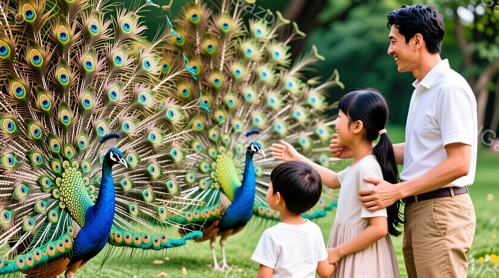 鮮やかな青い羽を広げたクジャクたちが二人の子供の前にいます。少女はポニーテールで、白いワンピースを着て、クジャクに手を伸ばそうとしています。後ろには、ベージュのシャツとズボンを着た父親がいて、腕で娘を抱きしめながら微笑んでいます。