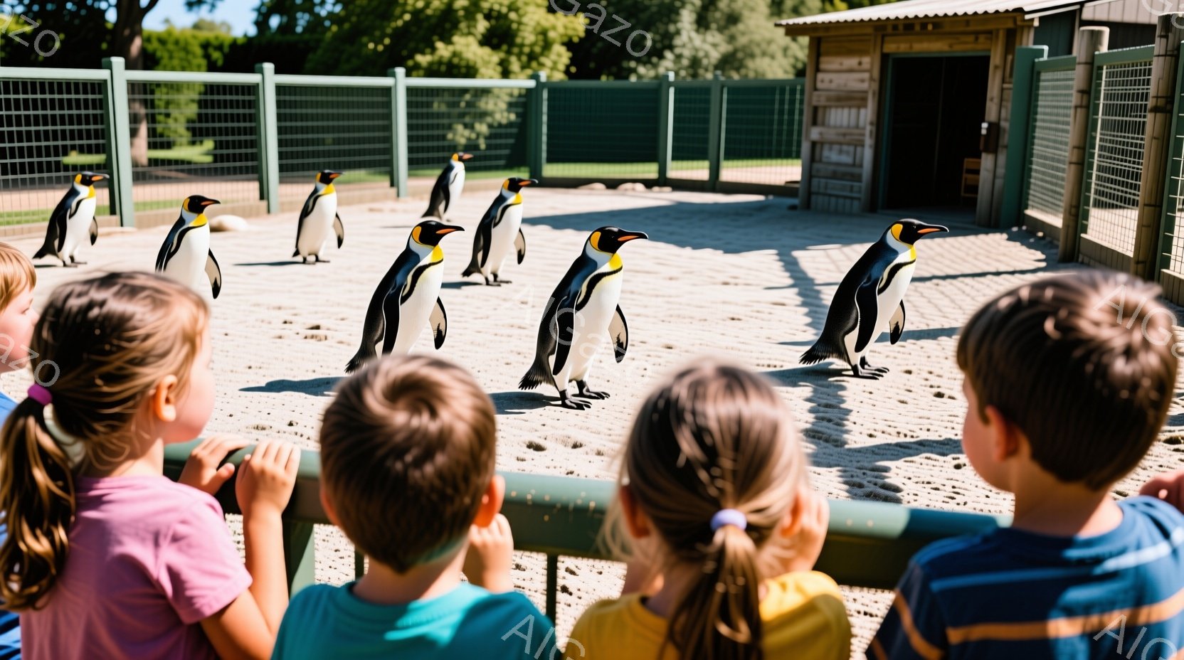 複数の子供たちがペンギンのいる囲いを見下ろしており、ピンク、緑、黄色、青の服を着ています。ペンギンたちは砂地の囲いの中で様々な方向に立っており、一部は互いに向き合っています。背景には木製の小屋と緑豊かな木々が見え、晴れた日の動物園や水族館のような穏やかな雰囲気が漂っています。