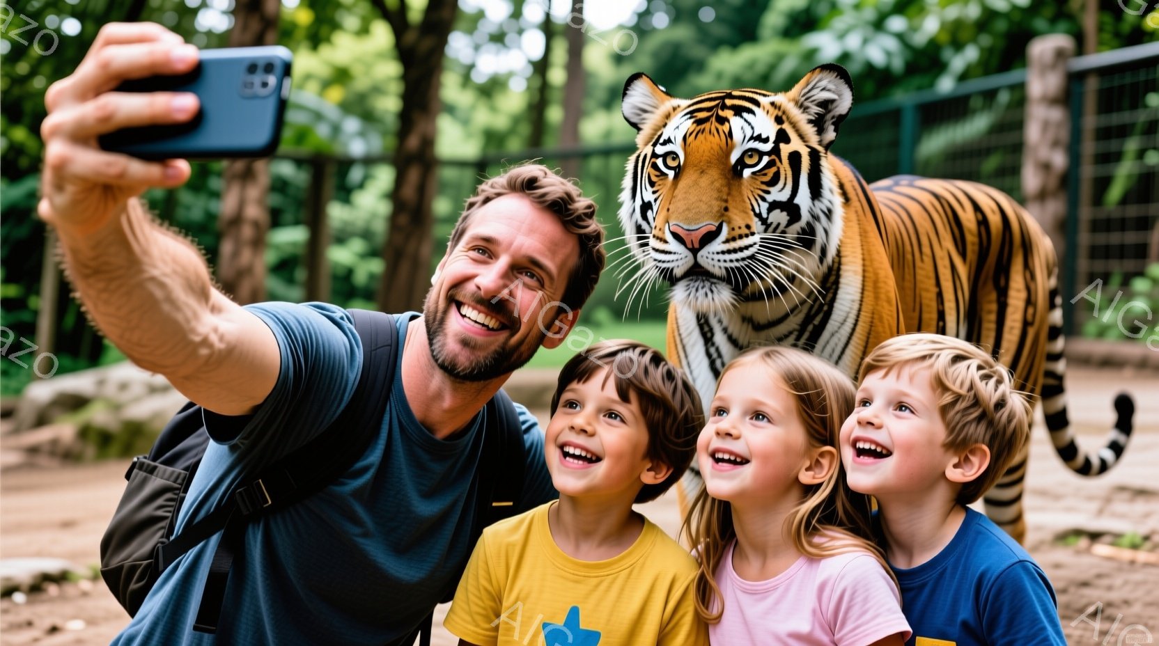 笑顔の男性と３人の子供たちが、トラの隣で自撮り写真をとっています。男性は紺色のシャツを着ており、子供たちはそれぞれ青色、ピンク、青色のシャツを着ています。背景には緑豊かな木々が見え、天候は晴れで、全体的に楽しい雰囲気が漂っています。
