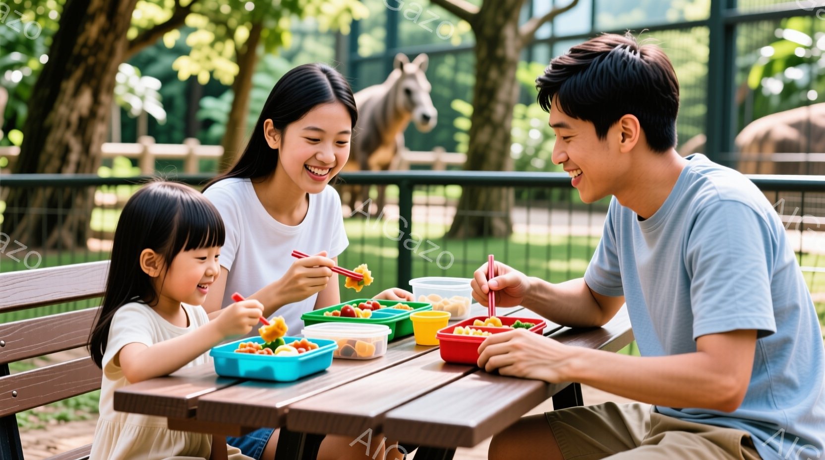 幼い女の子と母親、父親が屋外のテーブルで食事をしている様子が写っています。女の子は白いシャツを着ており、母親は白いトップス、父親は青いTシャツを着ています。背景には柵と馬が見え、天候は晴れていて、家族 - AI生成フリー素材