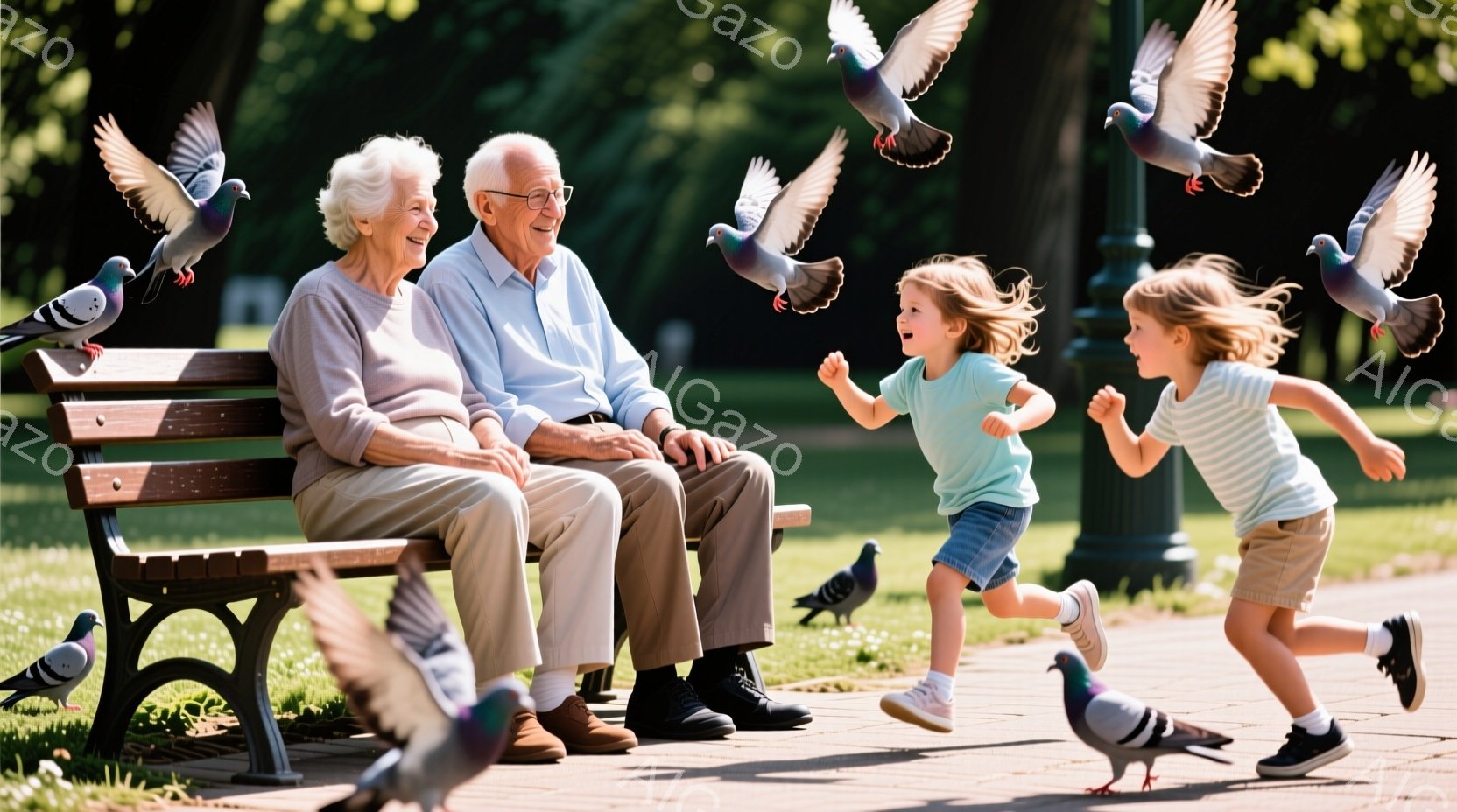 公園のベンチに座る白髪の老紳士と、鳩を追いかけて走る二人の幼い子供たちが写っている。紳士は茶色の靴と落ち着いた色の服を着ており、穏やかな表情を浮かべている。背景には緑豊かな木々が生い茂り、晴れた空の下、鳩が飛び交う平和な情景が広がっている。