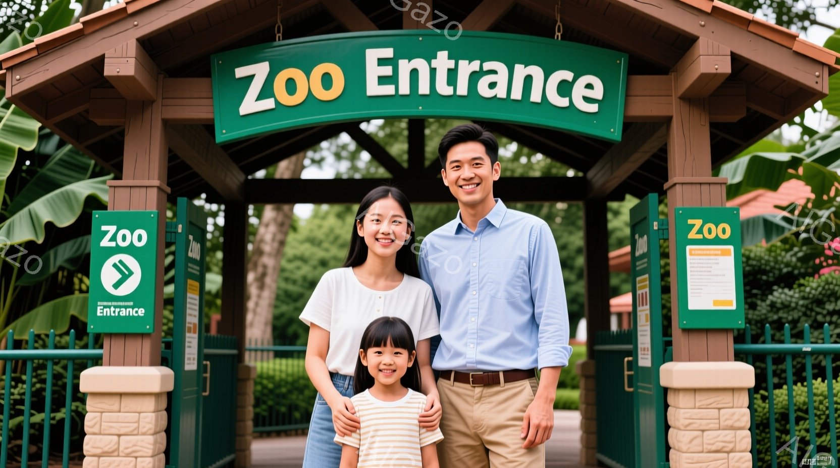 笑顔の家族が動物園の入り口で写っています。母親はロングヘアで白いトップスを着ており、父親は青いシャツとベージュ色のズボンを着ています。小さな女の子はストライプのTシャツとジーンズを着用し、両親に寄り添って微笑んでいます。