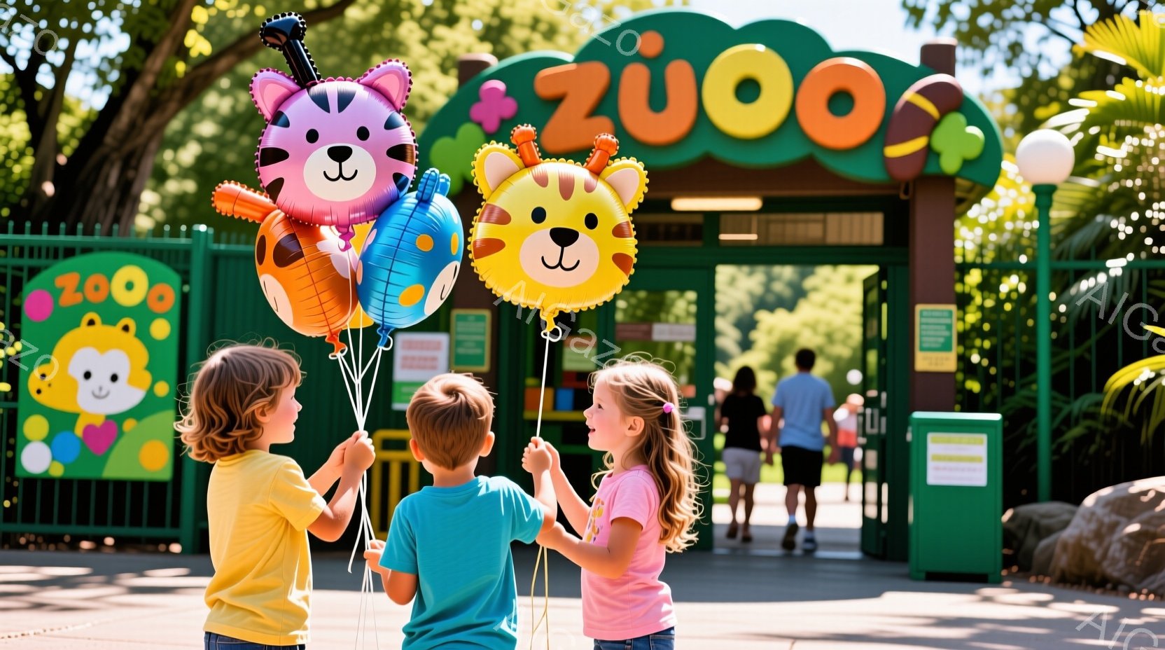 ３人の子供たちが動物の形をしたカラフルな風船（虎、ライオン、キリン）を手にしています。彼らは皆、明るい色のTシャツを着ており、それぞれ異なる髪型をしています（金髪の巻き毛、短髪、長い茶髪）。背景には動物園の入り口があり、緑豊かな植物と晴れた空が広がっており、楽しい雰囲気が漂っています。