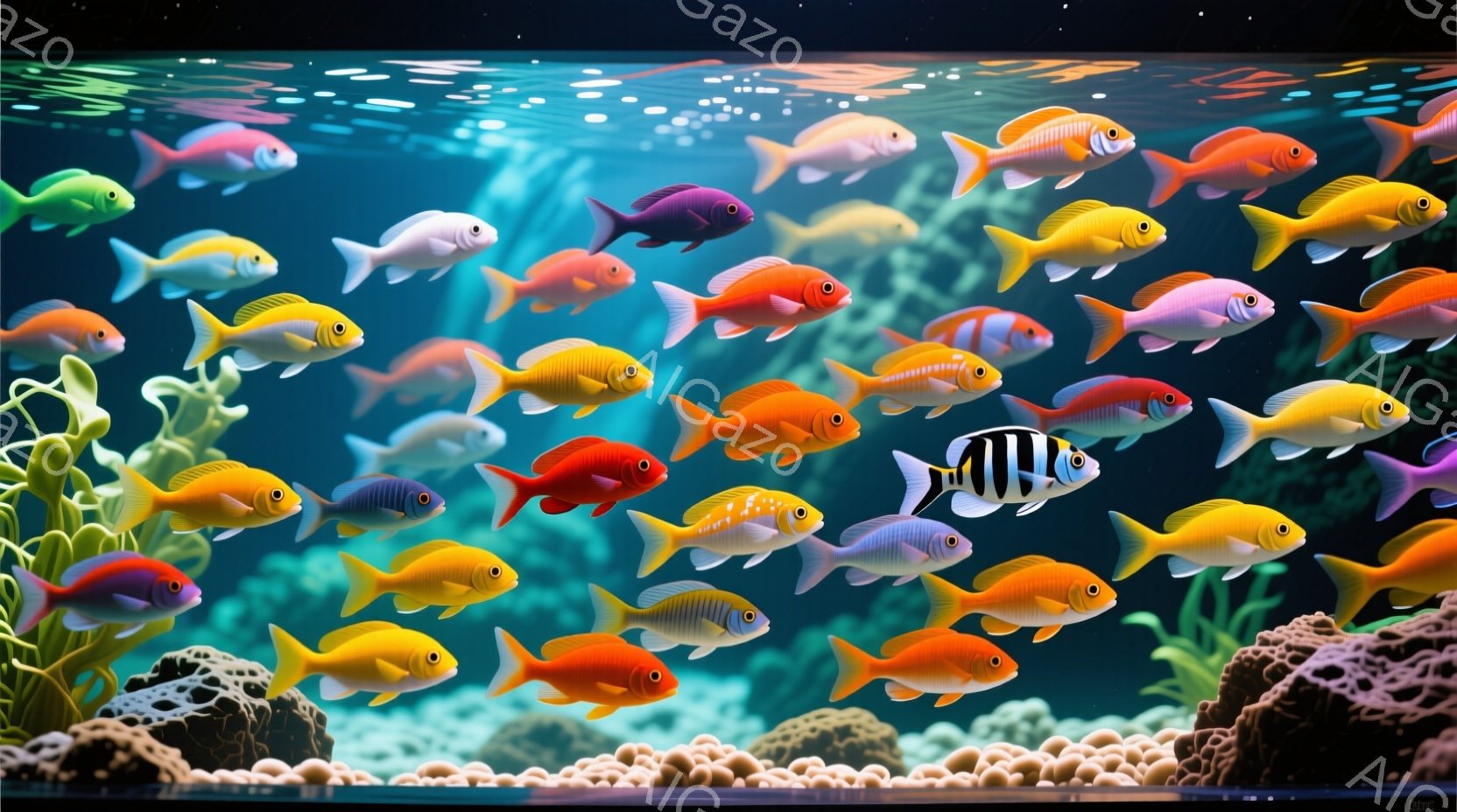 鮮やかな色彩の熱帯魚が多数、水中で群れをなしている様子が描かれている。背景には岩やサンゴ礁が見られ、水面からの光が差し込んでいるため、水中の様子が明るく、生き生きと表現されている。全体的に、熱帯の海中を表現した、鮮やかで活気のある雰囲気である。