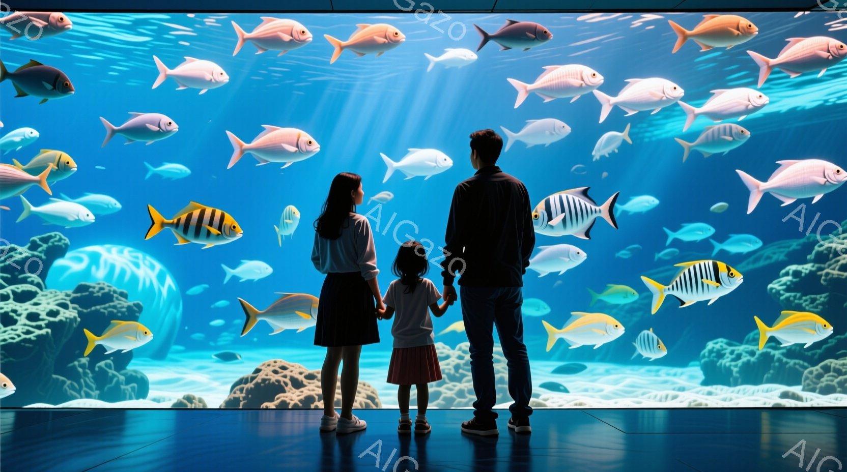 幼い少女と大人2人が、巨大な水槽の前に立っている。少女は短い髪で、薄いピンク色のスカートと白いスニーカーを履いている。背景には、様々な色の魚たちが泳ぎ、水槽の底には岩やサンゴ礁が見え、全体的に幻想的で穏やかな雰囲気が漂っている。
