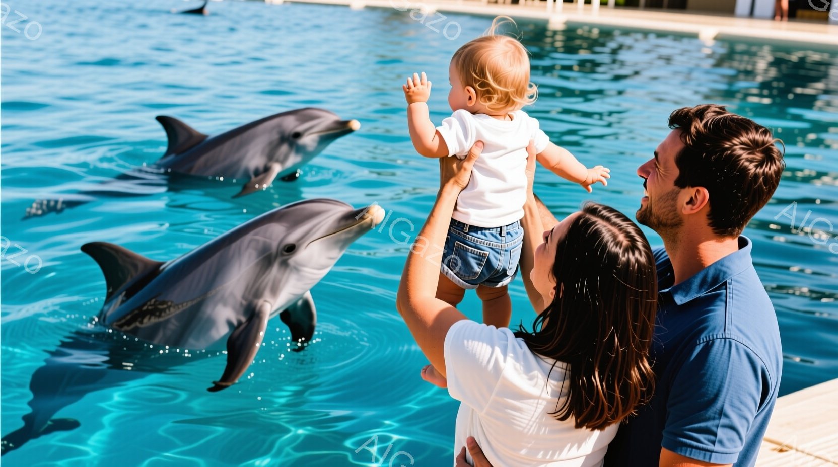 幼い子供が両親によって抱き上げられ、イルカのショーを見ている様子が写っています。子供は白いトップスとデニムのショーツを着ており、両親はそれぞれネイビーブルーと白いシャツを着ています。背景には水中でイルカが泳ぎ、水面には光が反射しており、晴れた日の屋外イベントの楽しげな雰囲気が伝わってきます。