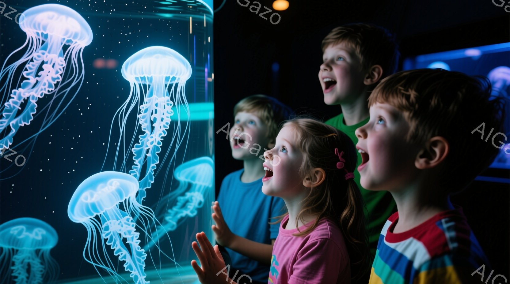 3人の子供たちが水族館の大きな水槽を見上げています。女の子はピンク色のシャツを着て髪をポニーテールにし、男の子たちはそれぞれ青色と虹色のシャツを着ています。子供たちは皆、驚きと興奮の表情を浮かべ、水槽の中のクラゲに魅了されています。