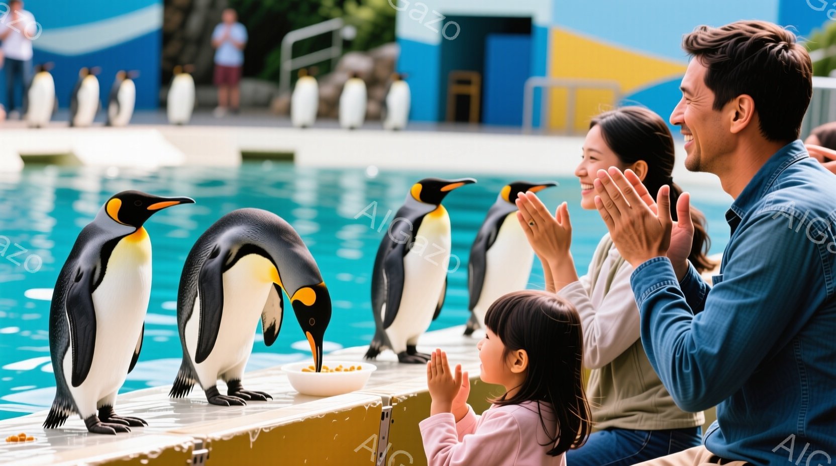 ペンギンの餌やりショーの様子が写っています。母親と幼い娘が、ペンギンの前で手をたたいて喜んでいます。背景には、青い壁と他のペンギンたちが写っており、晴れた日の明るい雰囲気です。