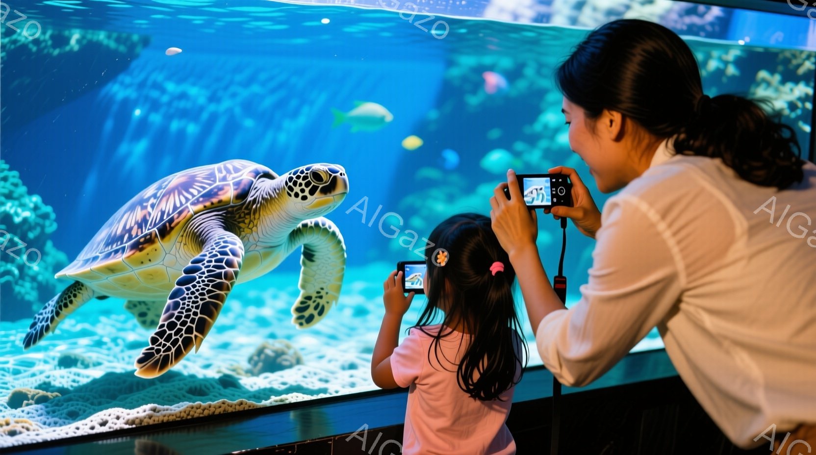 大きな水槽の中を優雅に泳ぐウミガメが印象的な画像です。母親と思われる女性がスマートフォンでウミガメを撮影しており、後ろには赤いシャツを着た幼い女の子が立っています。水槽の背景には、サンゴ礁やその他の魚が見え、まるで深海にいるかのような幻想的な雰囲気を醸し出しています。