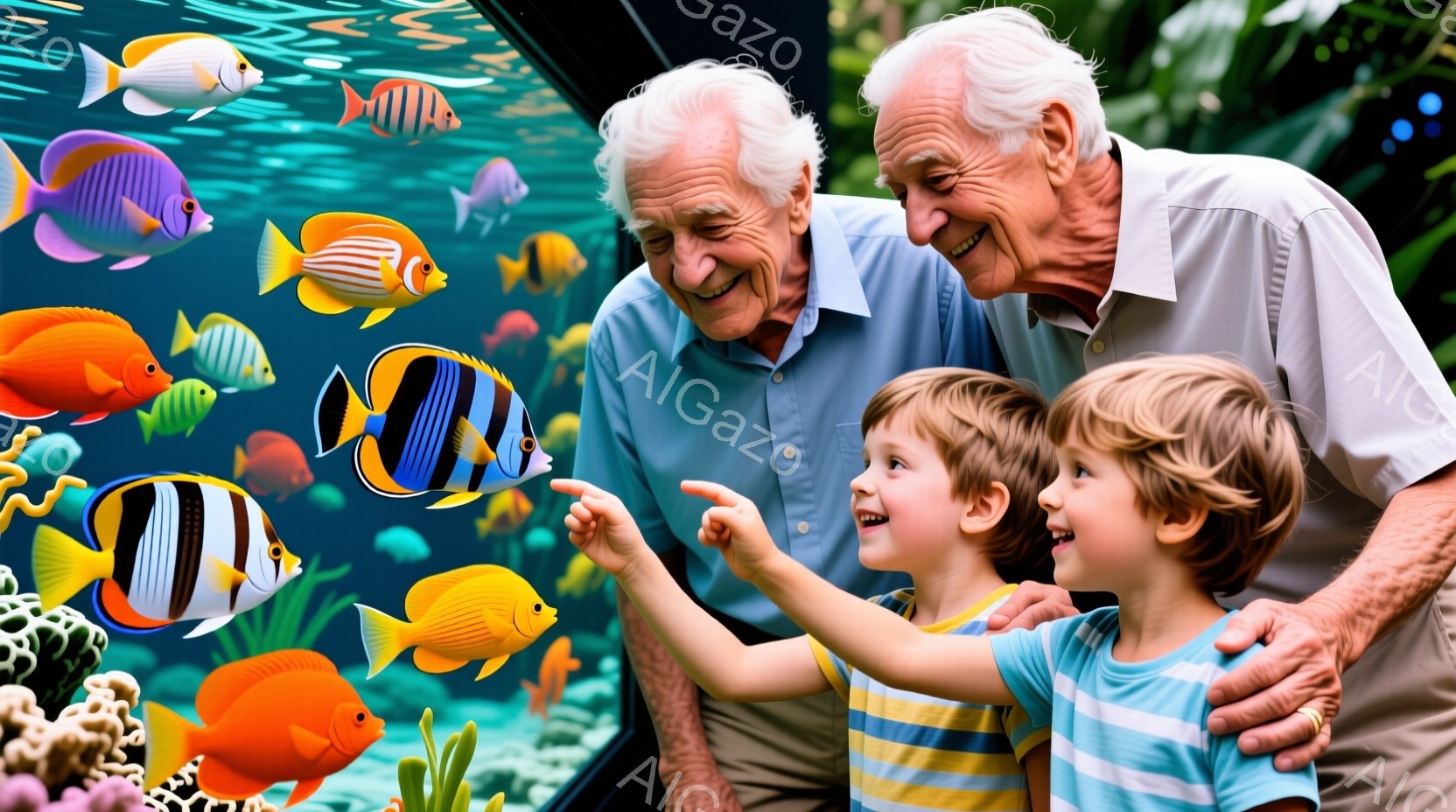 白髪で皺のある高齢の男性と、金髪の少年2人が水槽を見ている。男性は灰色のシャツを着ており、少年たちは明るい色のストライプのシャツを着ている。水槽の中には様々な色とりどりの魚が泳ぎ、背景には緑色の海藻が見え、温かく幸せな雰囲気を感じさせる。
