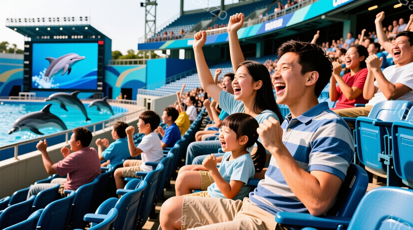スタジアムの観客席で、家族がイルカのショーを見て興奮している様子が写っている。父親はポロシャツとカーキ色のショートパンツ、母親は青いトップスとデニムのショートパンツを着用し、娘は同じく青いTシャツとショートパンツ姿で、皆満面の笑みを浮かべ、腕を上げて喜んでいる。背景には青い水面、イルカの映像が映る大きなスクリーン、そしてたくさんの観客がいて、明るく活気のある雰囲気が伝わる。