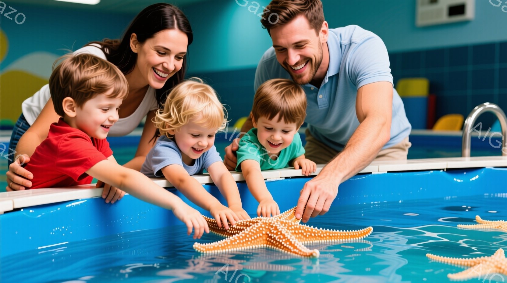 3人の子供とその母親と父親が、水槽の前にかがみこんで星の形をした生き物（ヒトデ）に手を伸ばしています。母親は長い茶色の髪をしており、父親は短髪で青いポロシャツを着ています。子供たちはそれぞれ赤いシャツ、白いシャツ、緑のシャツを着ており、皆笑顔で好奇心旺盛な表情をしています。