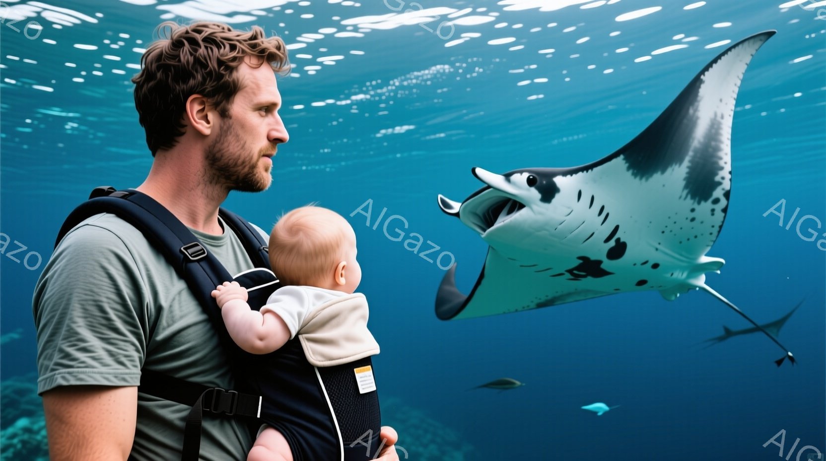 子抱っこ紐で赤ちゃんを抱えた男性が写っています。男性は短髪でひげを生やしており、緑色のTシャツを着ています。背景は水中で、巨大なマンタが男性と赤ちゃんに向かって泳いでおり、他の小さな魚も写っています。