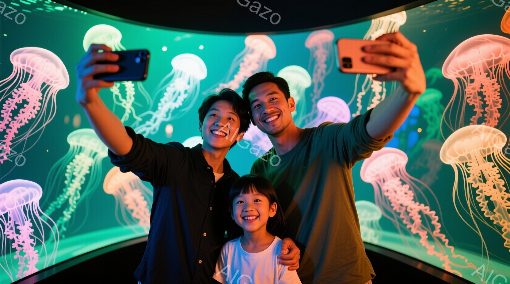 笑顔の家族が水族館のような場所でセルフィーを撮っています。男性は黒いTシャツを着ており、女性と幼い女の子はそれぞれ黒と白いTシャツを着ています。背景には、様々な色のクラゲが浮かび、壁面全体を照らしており、幻想的で楽しい雰囲気を醸し出しています。