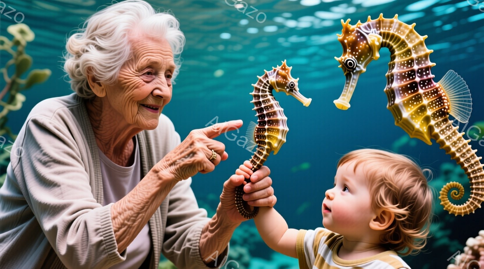 白髪の女性が、セピア色のカーディガンを着ており、片手を伸ばして大きなタツノオトシゴを指差しています。幼い子供は、金髪の巻き毛で、黄色いシャツを着て、驚いた表情でタツノオトシゴを見上げています。背景は水中の世界で、珊瑚礁や海藻が見え、全体的に温かく、好奇心をくすぐる雰囲気が漂っています。