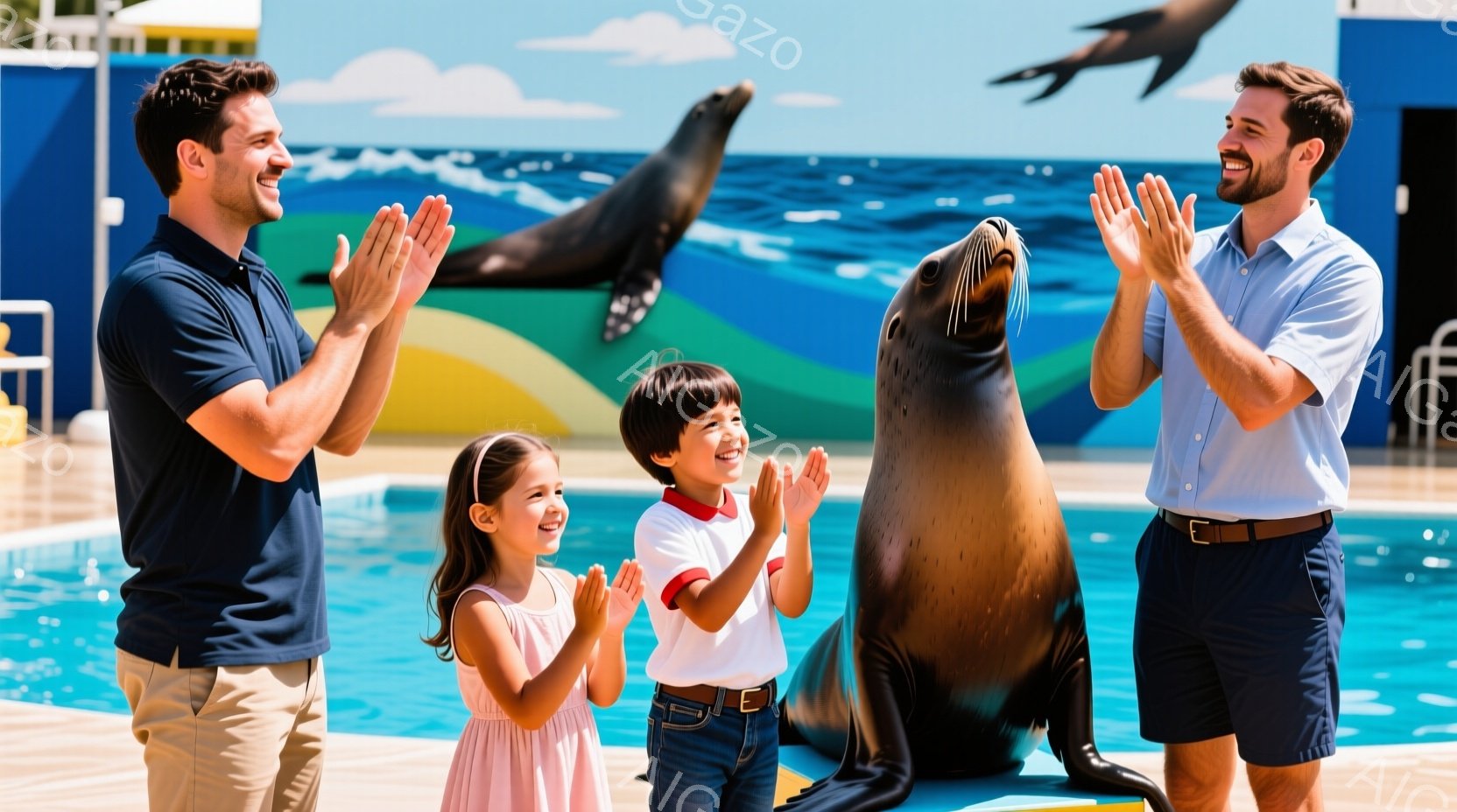 アザラシのパフォーマンスを見ている人々が写っています。男性は青いシャツにベージュ色のズボンを着用し、女性と少年はそれぞれピンクと白の服を着ており、皆、アザラシに向けて拍手をしています。背景には水槽と、晴れた空と建物が見え、活気に満ちた楽しい雰囲気です。