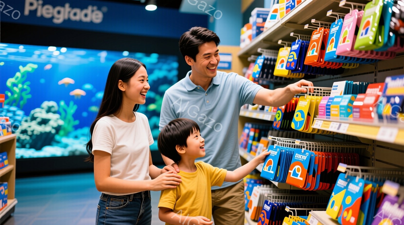 明るい室内で母親、父親、息子の3人が写っています。母親は長い髪でジーンズと白いTシャツを着ており、父親はポロシャツを着て、息子と一緒に棚の商品を指差しています。背景には、魚が泳ぐ水槽と、カラフルなパッ - AI生成フリー素材