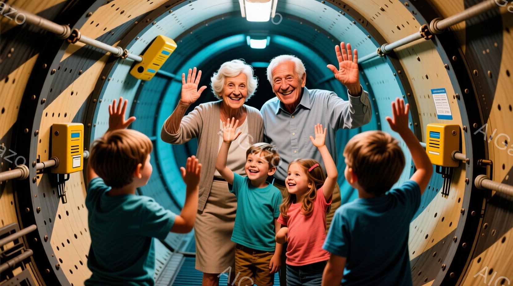 白髪の老夫婦が、小さな子供たち4人に囲まれて笑顔で手を振っています。老夫婦はそれぞれグレーと濃いブルーのシャツを着ており、子供たちは赤、青、ピンク、緑色のTシャツを着ています。背景は金属製の筒状の構造物で、全体的に温かく、楽しい雰囲気です。